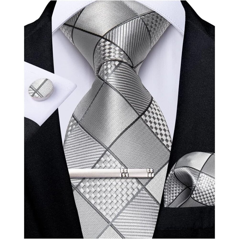 🆕Men Silver Plaid Silk Checkered Necktie Pocket Square Cufflinks Tie Clip Set
